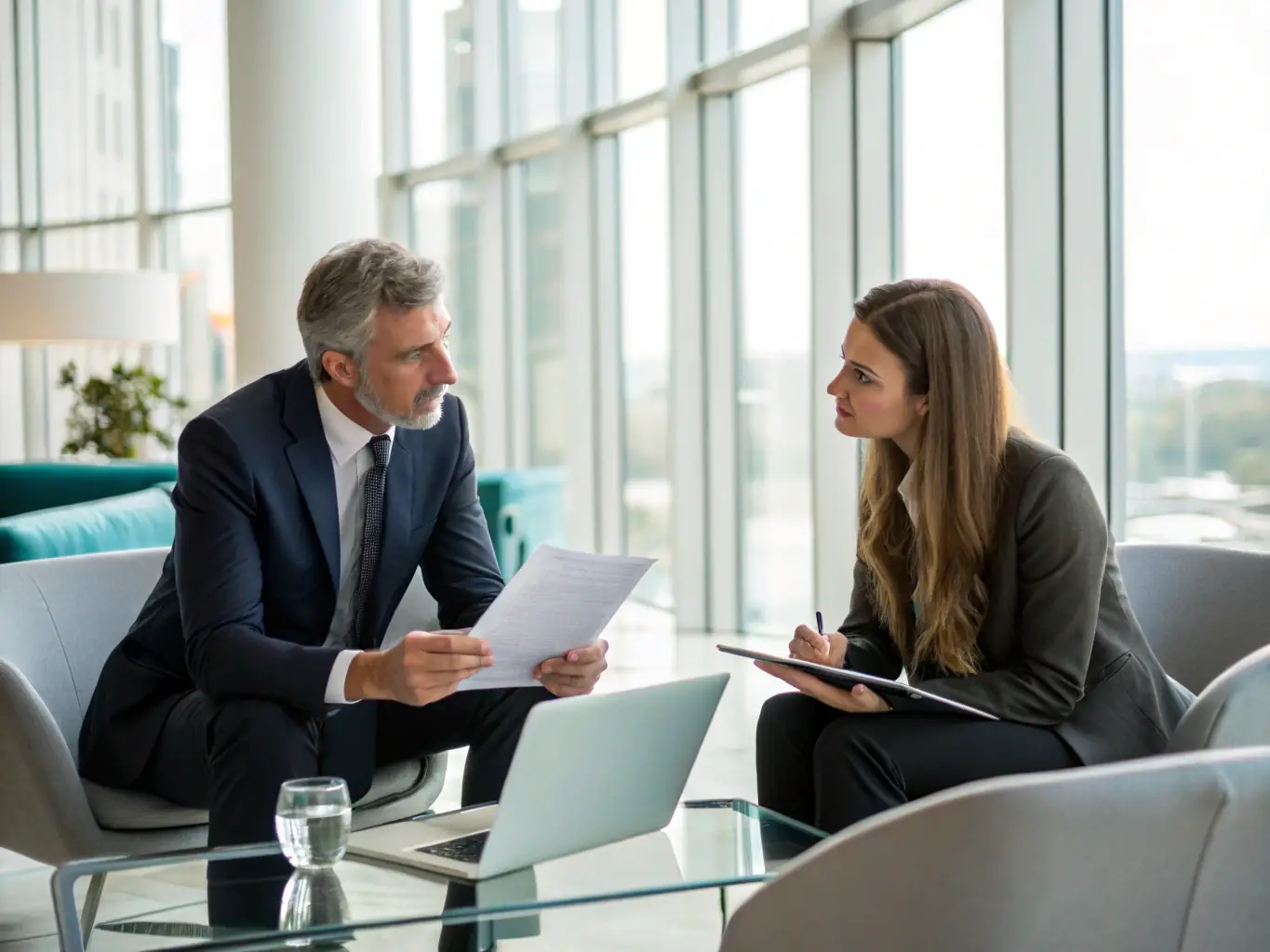 A professional consultant is giving advice to a client in a modern office, showcasing c-roby's consulting expertise.