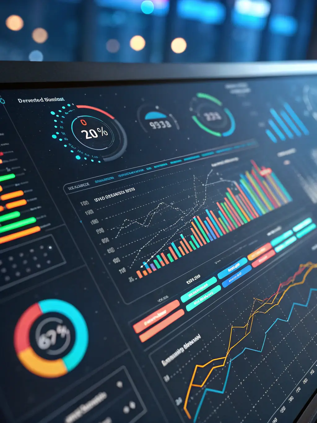 An image depicting an AI model analyzing data on a dashboard, highlighting key insights and automated decision-making processes for a business.