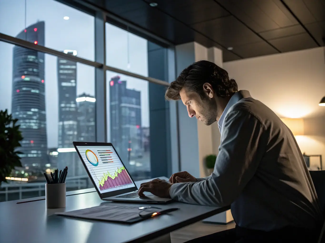 An image depicting a business analyst reviewing AI-generated data dashboards on a large screen, illustrating c-roby's AI integration and automation services for SMEs.
