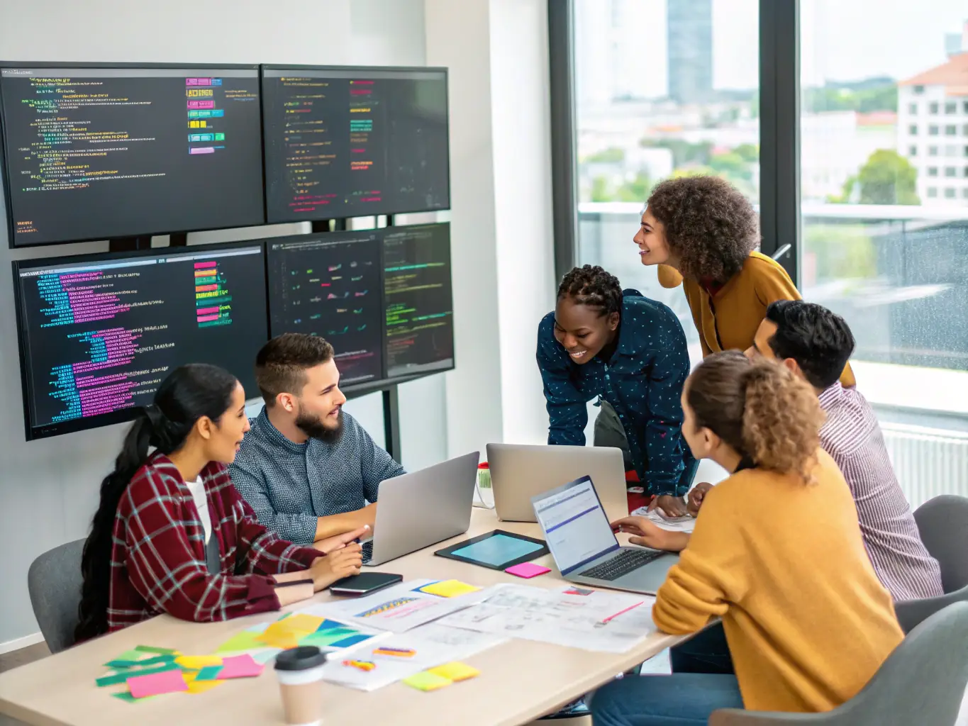 An image showing a diverse team collaborating over a laptop with a no-code app builder interface on the screen, representing c-roby's expertise in no-code application development for SMEs.