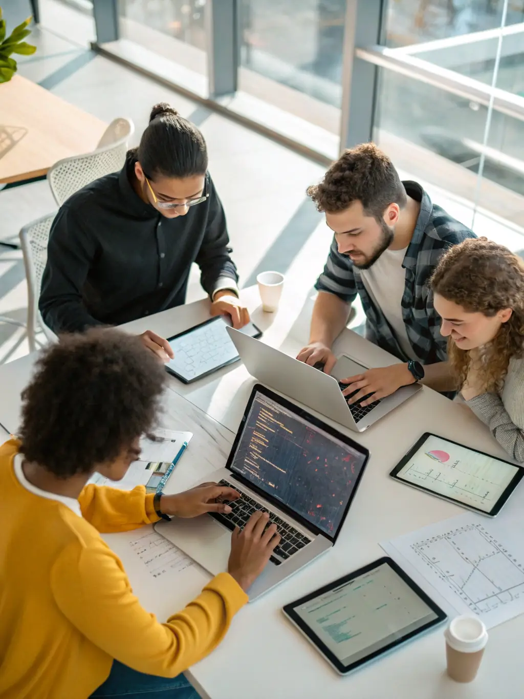 A professional photo showcasing a team of consultants brainstorming around a table, with laptops displaying no-code development platforms, symbolizing collaborative problem-solving.